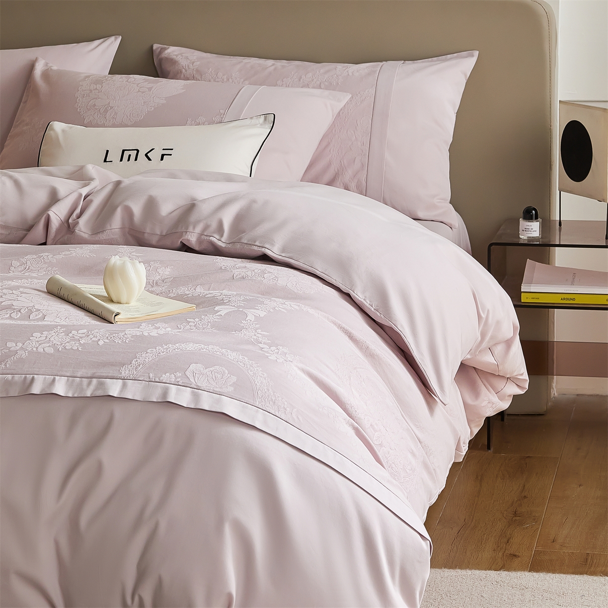 蓝米卡夫 2025秋冬-A类全棉亮面提花50S*50S双股磨毛拼接款（礼盒包装）提供买家秀 法式浪漫-幻影紫