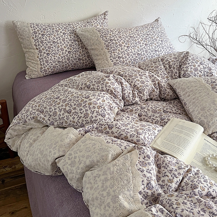 91家纺网 家纺一手货源 找家纺 仟网汇 2025新款亚麻复古花边系列四件套 花予-紫