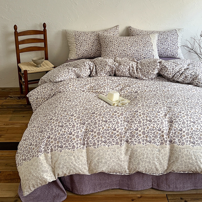 91家纺网 家纺一手货源 找家纺 仟网汇 2025新款亚麻复古花边系列四件套 花予-紫