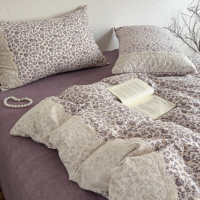 91家纺网 家纺一手货源 找家纺 仟网汇 2025新款亚麻复古花边系列四件套 花予-紫