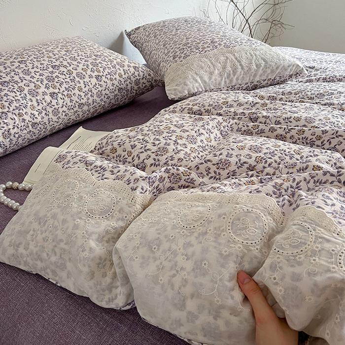 91家纺网 家纺一手货源 找家纺 仟网汇 2025新款亚麻复古花边系列四件套 花予-紫