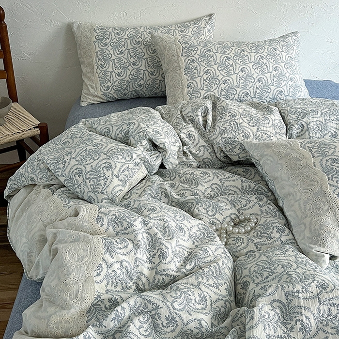 91家纺网 家纺一手货源 找家纺 仟网汇 2025新款亚麻复古花边系列四件套 卡曼-蓝