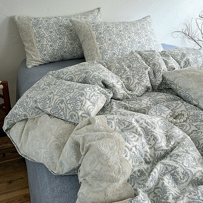 91家纺网 家纺一手货源 找家纺 仟网汇 2025新款亚麻复古花边系列四件套 卡曼-蓝