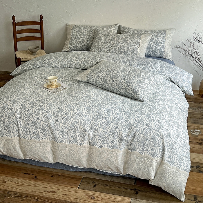 91家纺网 家纺一手货源 找家纺 仟网汇 2025新款亚麻复古花边系列四件套 卡曼-蓝