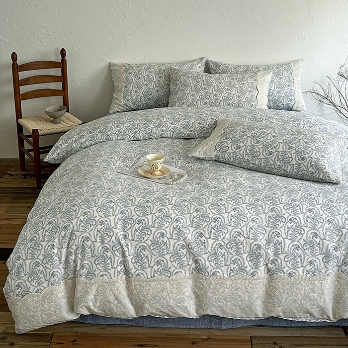 91家纺网 家纺一手货源 找家纺 仟网汇 2025新款亚麻复古花边系列四件套 卡曼-蓝