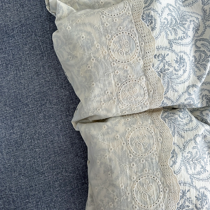 91家纺网 家纺一手货源 找家纺 仟网汇 2025新款亚麻复古花边系列四件套 卡曼-蓝