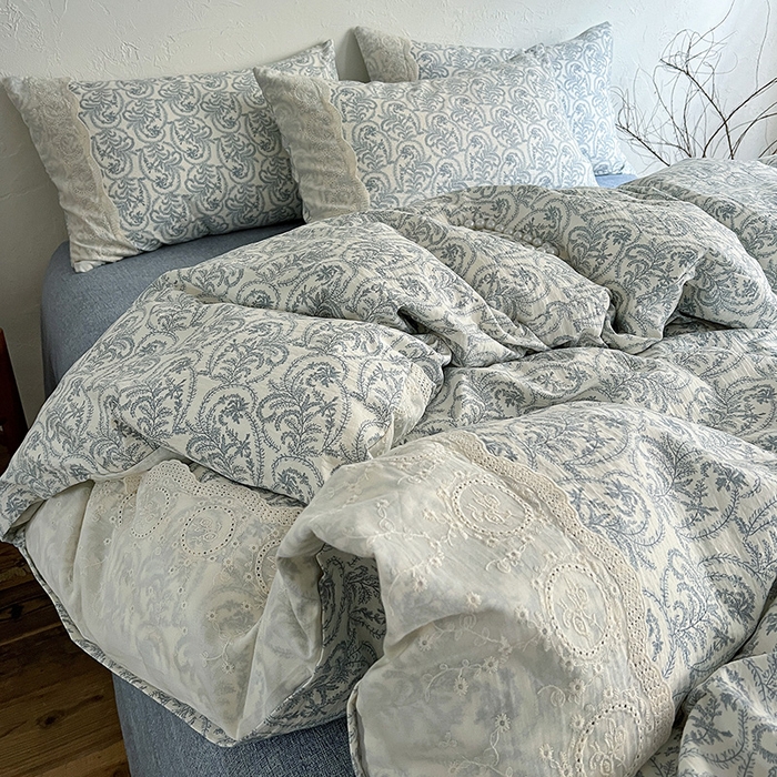 91家纺网 家纺一手货源 找家纺 仟网汇 2025新款亚麻复古花边系列四件套 卡曼-蓝