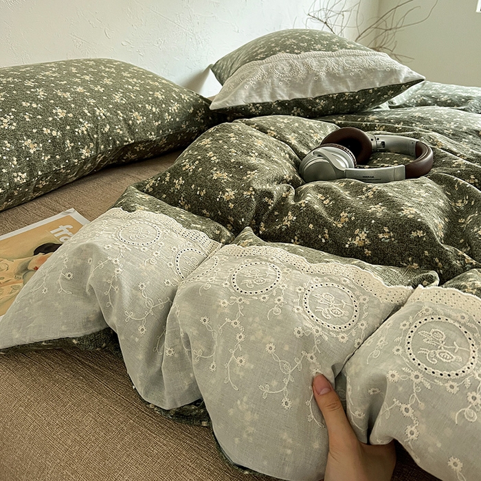 91家纺网 家纺一手货源 找家纺 仟网汇 2025新款亚麻复古花边系列四件套 茉莉-亚绿