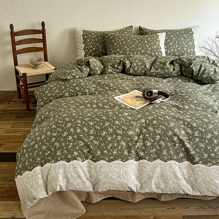 91家纺网 家纺一手货源 找家纺 仟网汇 2025新款亚麻复古花边系列四件套 茉莉-亚绿