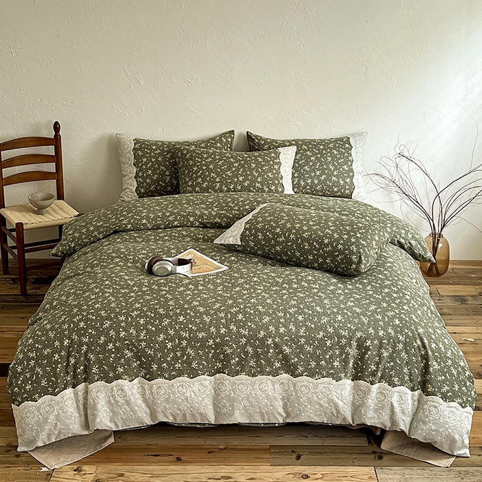 仟网汇 2025新款亚麻复古花边系列四件套 茉莉-亚绿