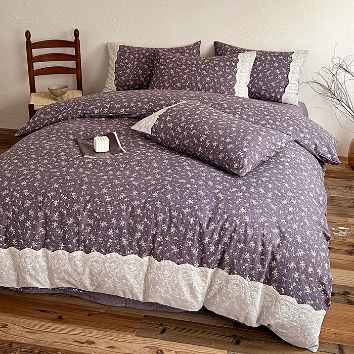 91家纺网 家纺一手货源 找家纺 仟网汇 2025新款亚麻复古花边系列四件套 茉莉-紫