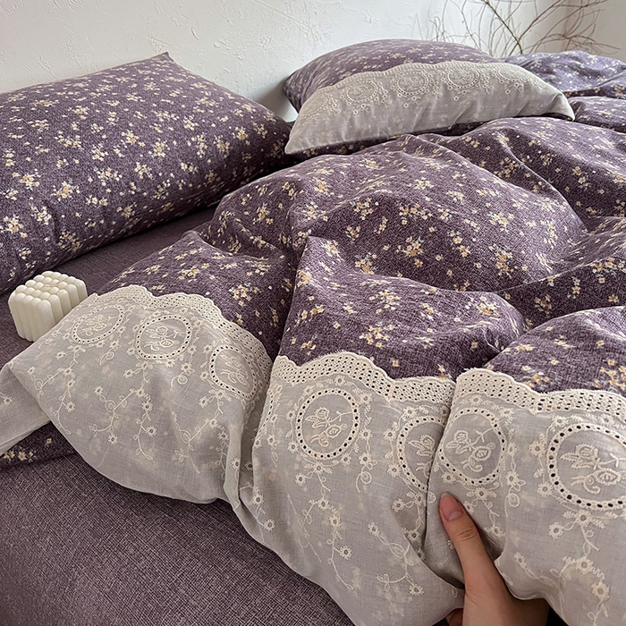 91家纺网 家纺一手货源 找家纺 仟网汇 2025新款亚麻复古花边系列四件套 茉莉-紫