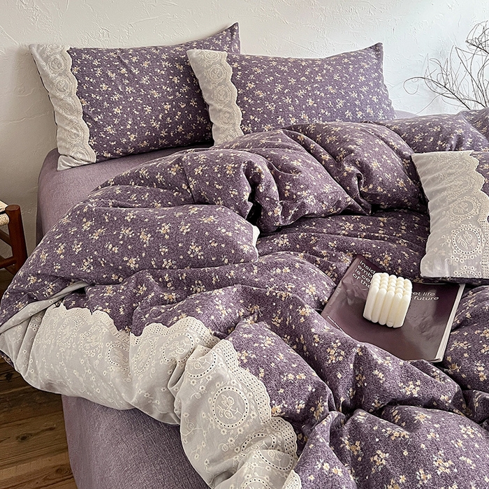 91家纺网 家纺一手货源 找家纺 仟网汇 2025新款亚麻复古花边系列四件套 茉莉-紫