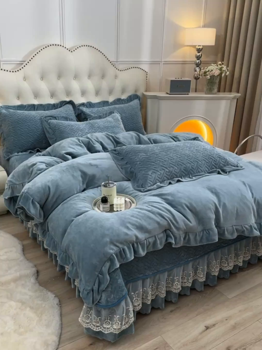 91家纺网 家纺一手货源 找家纺 畅畅家纺 2025新款11斤秋冬加厚纯色韩版牛奶绒夹棉床盖四件套-倾城 倾城-雾蓝