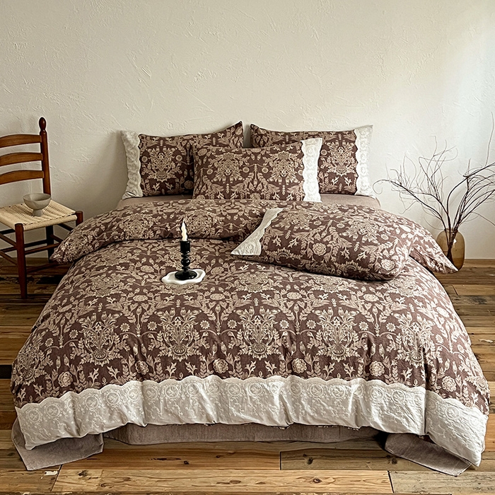 仟网汇 2025新款亚麻复古花边系列四件套 墨染青筠-咖