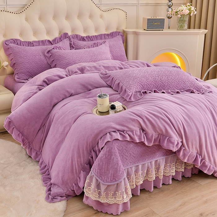91家纺网 家纺一手货源 找家纺 畅畅家纺 2025新款11斤秋冬加厚纯色韩版牛奶绒夹棉床盖四件套-倾城 倾城-紫