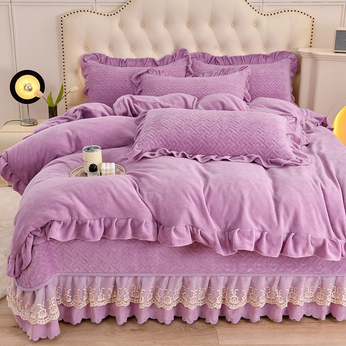 91家纺网 家纺一手货源 找家纺 畅畅家纺 2025新款11斤秋冬加厚纯色韩版牛奶绒夹棉床盖四件套-倾城 倾城-紫
