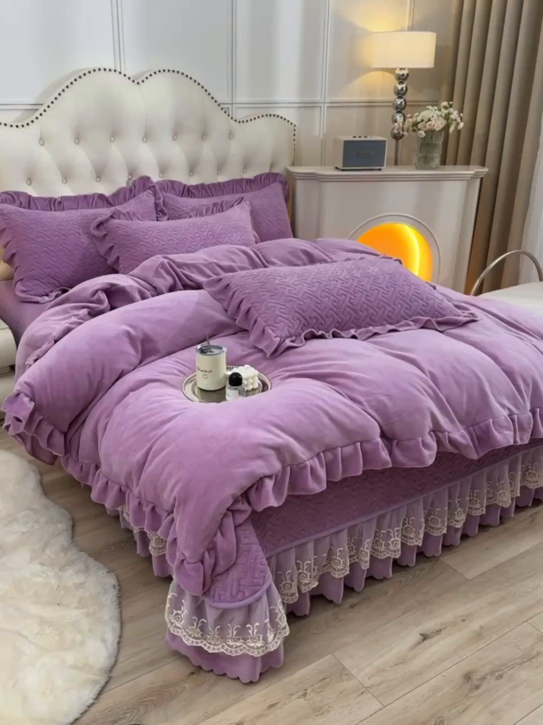 91家纺网 家纺一手货源 找家纺 畅畅家纺 2025新款11斤秋冬加厚纯色韩版牛奶绒夹棉床盖四件套-倾城 倾城-紫