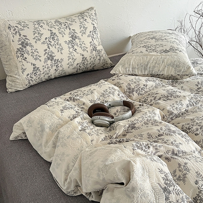 91家纺网 家纺一手货源 找家纺 仟网汇 2025新款亚麻复古花边系列四件套 欧若拉