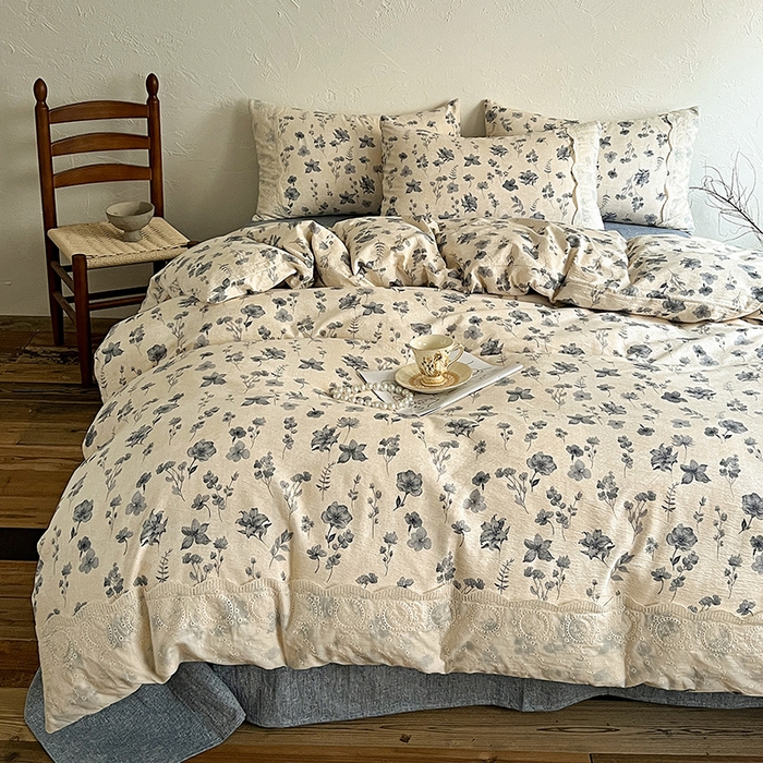 91家纺网 家纺一手货源 找家纺 仟网汇 2025新款亚麻复古花边系列四件套 秋屿-蓝