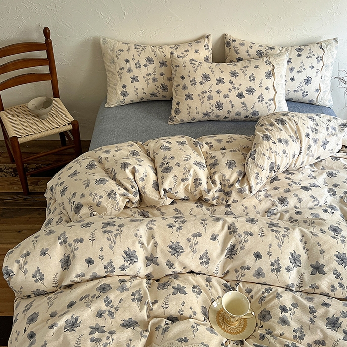 91家纺网 家纺一手货源 找家纺 仟网汇 2025新款亚麻复古花边系列四件套 秋屿-蓝