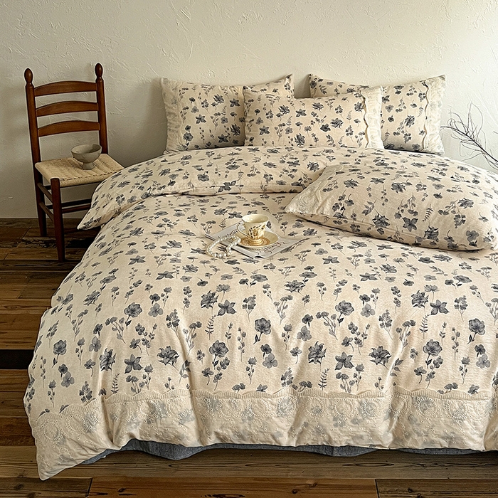 91家纺网 家纺一手货源 找家纺 仟网汇 2025新款亚麻复古花边系列四件套 秋屿-蓝