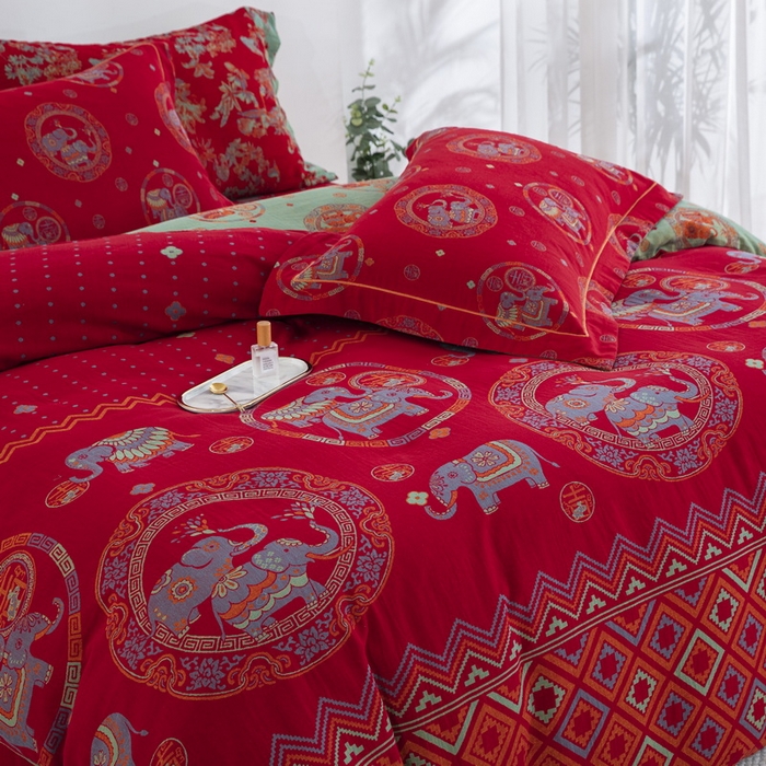 91家纺网 家纺一手货源 找家纺 鲁爱 2025新款大版色织提花全棉双层纱四件套 吉祥如意-红