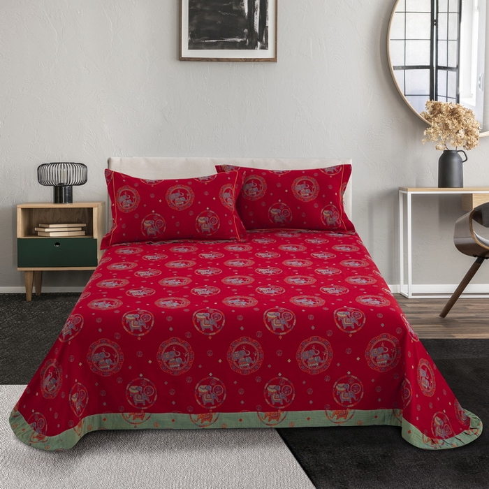 91家纺网 家纺一手货源 找家纺 鲁爱 2025新款大版色织提花全棉双层纱四件套 吉祥如意-红