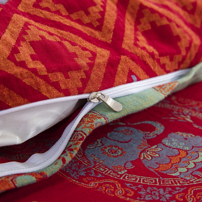 91家纺网 家纺一手货源 找家纺 鲁爱 2025新款大版色织提花全棉双层纱四件套 吉祥如意-红