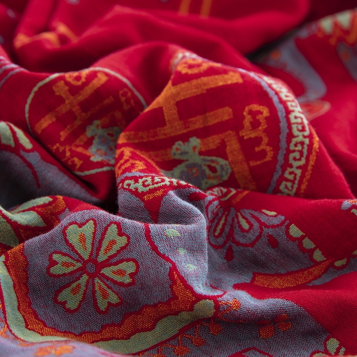 91家纺网 家纺一手货源 找家纺 鲁爱 2025新款大版色织提花全棉双层纱四件套 吉祥如意-红