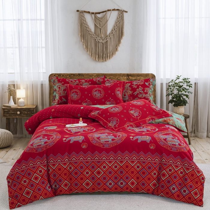 鲁爱 2025新款大版色织提花全棉双层纱四件套 吉祥如意-红