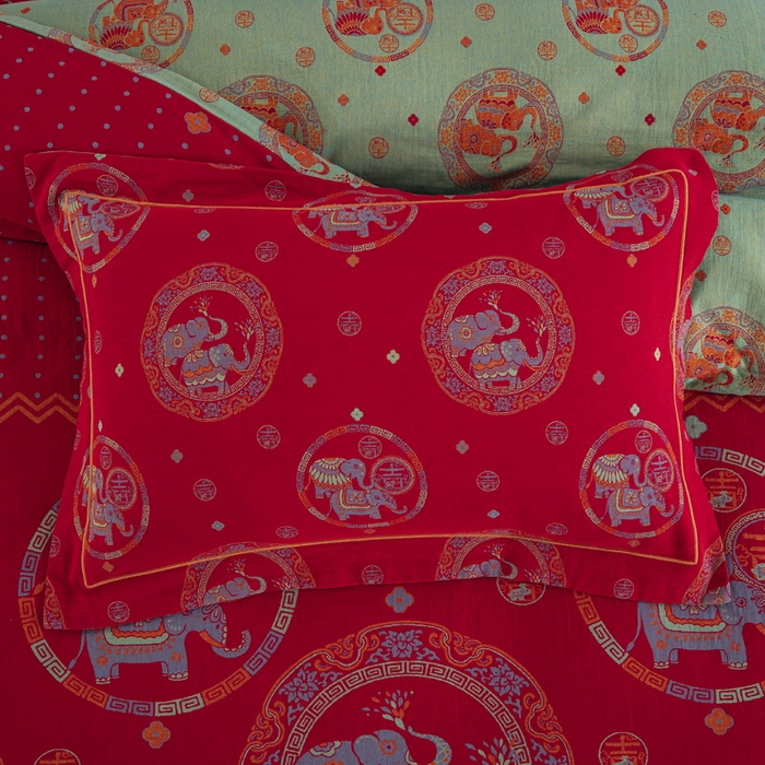 91家纺网 家纺一手货源 找家纺 鲁爱 2025新款大版色织提花全棉双层纱四件套 吉祥如意-红