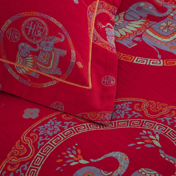 91家纺网 家纺一手货源 找家纺 鲁爱 2025新款大版色织提花全棉双层纱四件套 吉祥如意-红