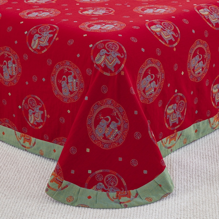 91家纺网 家纺一手货源 找家纺 鲁爱 2025新款大版色织提花全棉双层纱四件套 吉祥如意-红