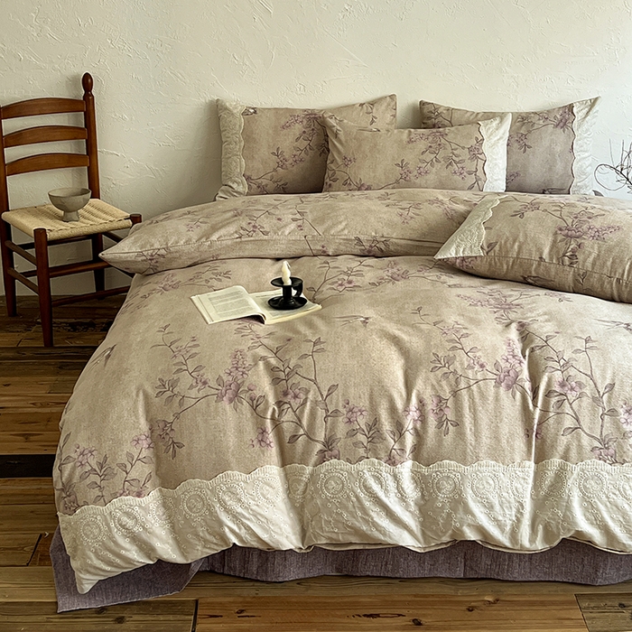 91家纺网 家纺一手货源 找家纺 仟网汇 2025新款亚麻复古花边系列四件套 晚香玉