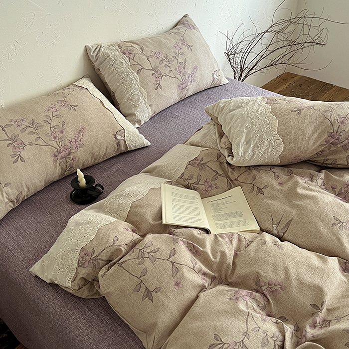 91家纺网 家纺一手货源 找家纺 仟网汇 2025新款亚麻复古花边系列四件套 晚香玉