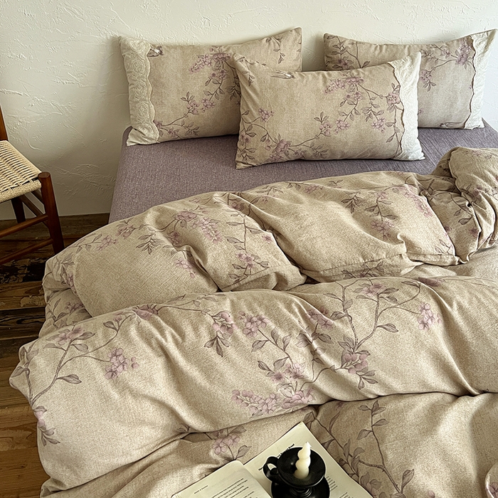 91家纺网 家纺一手货源 找家纺 仟网汇 2025新款亚麻复古花边系列四件套 晚香玉