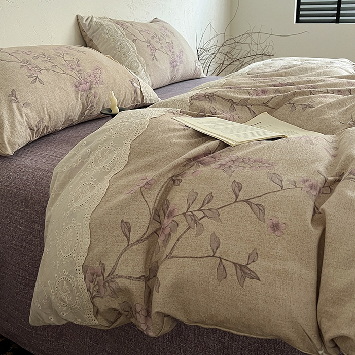 91家纺网 家纺一手货源 找家纺 仟网汇 2025新款亚麻复古花边系列四件套 晚香玉