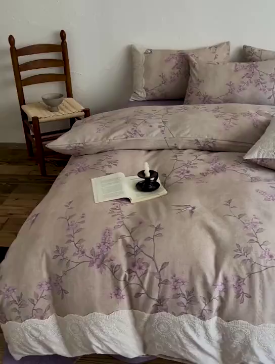 91家纺网 家纺一手货源 找家纺 仟网汇 2025新款亚麻复古花边系列四件套 晚香玉