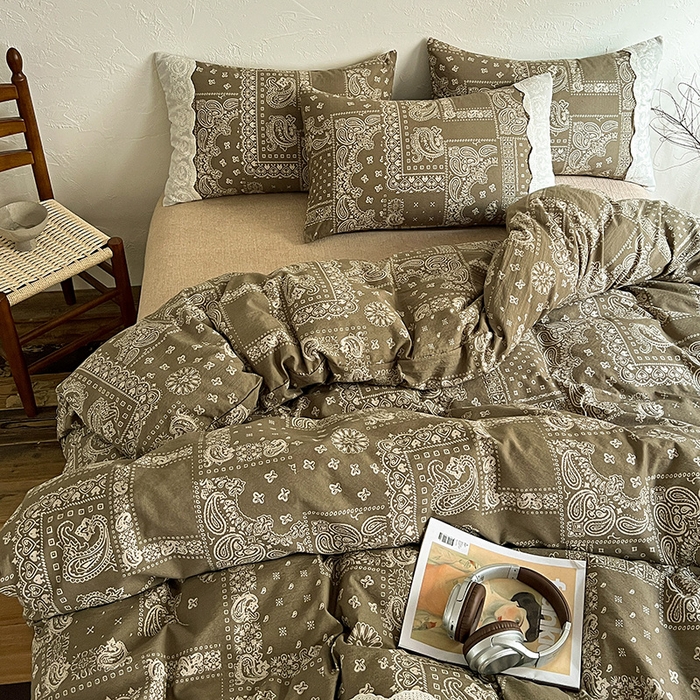 91家纺网 家纺一手货源 找家纺 仟网汇 2025新款亚麻复古花边系列四件套 乌木花园-绿