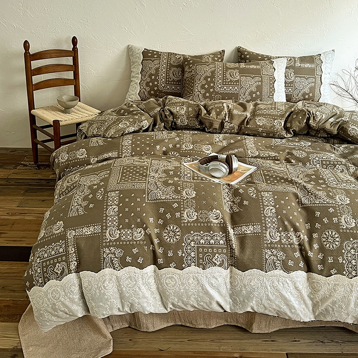 91家纺网 家纺一手货源 找家纺 仟网汇 2025新款亚麻复古花边系列四件套 乌木花园-绿