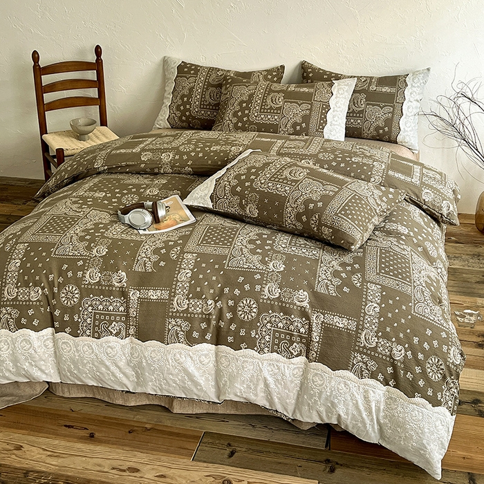 91家纺网 家纺一手货源 找家纺 仟网汇 2025新款亚麻复古花边系列四件套 乌木花园-绿