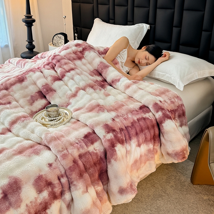 91家纺网 家纺一手货源 找家纺 （总）安琪家纺 2025新款300G炫彩水墨画仿兔毛绒大泡泡绒印花法兰绒毛毯大理石纹休闲毯沙发盖毯跨境外贸出口专供