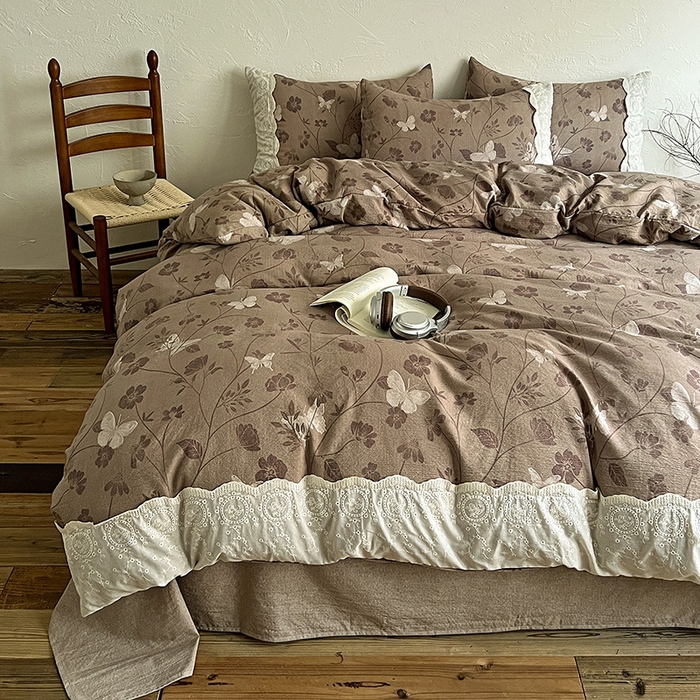 91家纺网 家纺一手货源 找家纺 仟网汇 2025新款亚麻复古花边系列四件套 晓梦