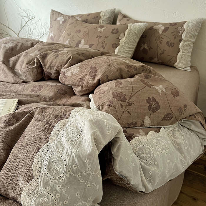 91家纺网 家纺一手货源 找家纺 仟网汇 2025新款亚麻复古花边系列四件套 晓梦