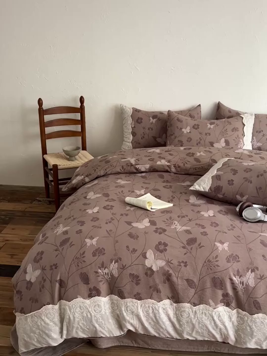 91家纺网 家纺一手货源 找家纺 仟网汇 2025新款亚麻复古花边系列四件套 晓梦