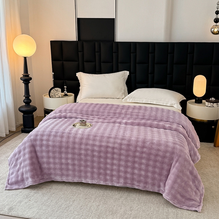 91家纺网 家纺一手货源 找家纺 安琪家纺 2025新款300G炫彩水墨画仿兔毛绒大泡泡绒印花法兰绒毛毯大理石纹休闲毯沙发盖毯跨境外贸出口专供 泡泡纯色-紫色