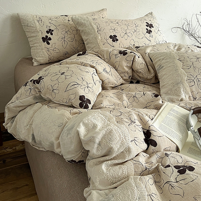 91家纺网 家纺一手货源 找家纺 仟网汇 2025新款亚麻复古花边系列四件套 约定-咖