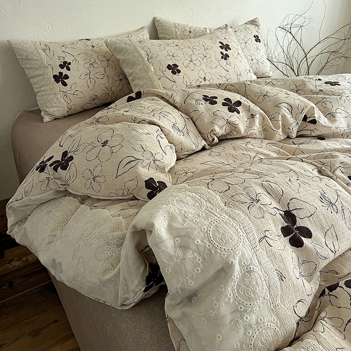91家纺网 家纺一手货源 找家纺 仟网汇 2025新款亚麻复古花边系列四件套 约定-咖