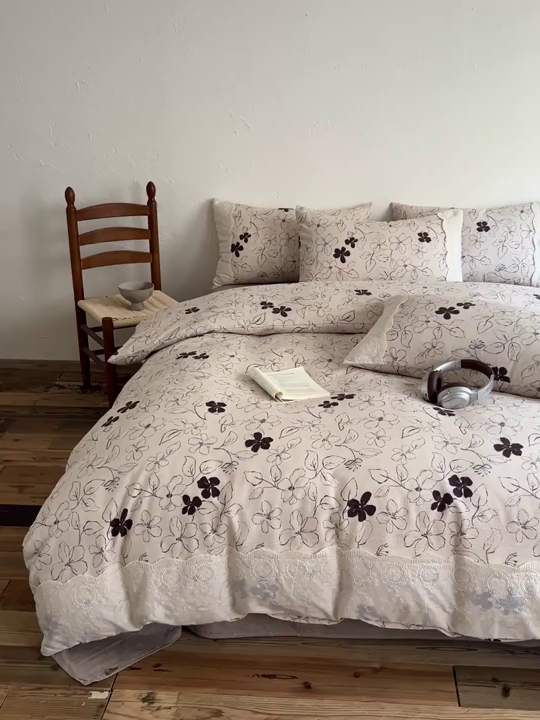 91家纺网 家纺一手货源 找家纺 仟网汇 2025新款亚麻复古花边系列四件套 约定-咖